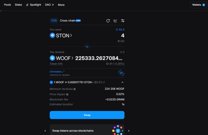 A cryptocurrency swap interface shows a transaction exchanging 4 STON tokens for approximately 225,333 WOOF tokens on the TON network, with a $1.82 fee.