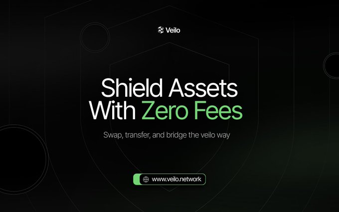 A promotional advertisement for Veilo network featuring the text 'Shield Assets With Zero Fees' and 'Swap, transfer, and bridge the Veilo way' with the website www.veilo.network.