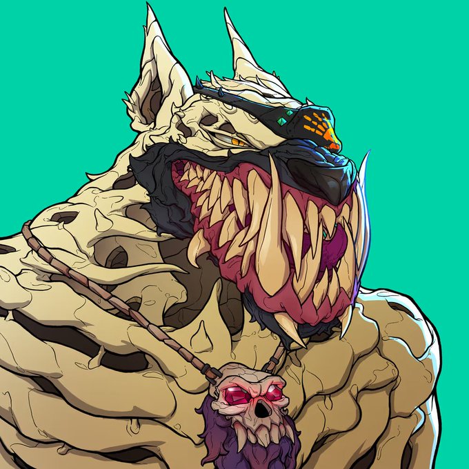A stylized digital illustration of a monstrous skeletal creature with large fangs, wearing a technological headpiece and a skull pendant on a chain, set against a teal background.