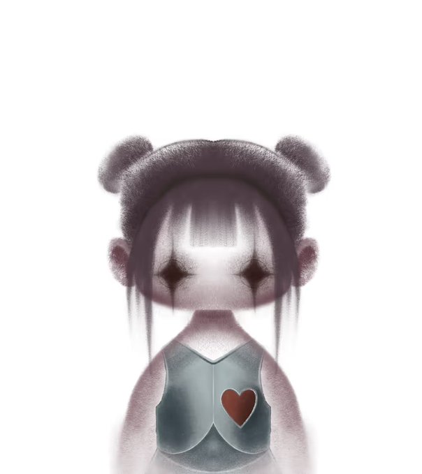 A grainy, stylized digital illustration of a girl with dark hair buns, star-shaped eyes, and a heart on her top.