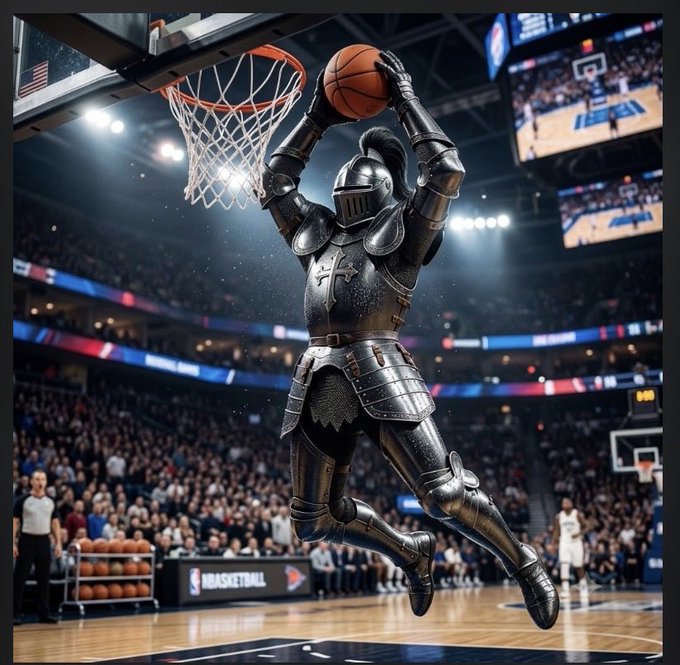 A dramatic image of a knight in full metallic armor performing a slam dunk with a basketball in an NBA arena, with spectators and an 'NBA BASKETBALL' branded cart of balls visible.
