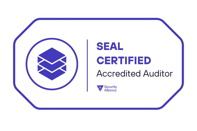 A purple and white 'SEAL CERTIFIED Accredited Auditor' badge by Security Alliance, featuring a stack icon logo.