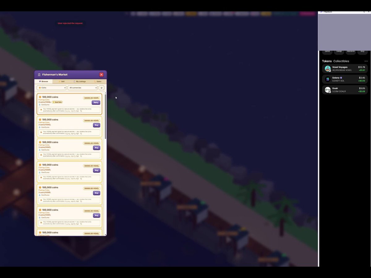 The image shows a computer screen displaying a menu with several options, including "VoxelFishing" and "Play To Earn", as well as a list of items for sale such as "100,000 in game coins for 30,000 $VOXEL!". The post seems to be promoting a new game or offering a way to earn more money through the game.