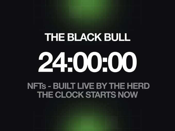 A dark countdown graphic displays "THE BLACK BULL" above a large "24:00:00" timer, with text reading "NFTs - BUILT LIVE BY THE HERD / THE CLOCK STARTS NOW," perfectly mirroring the post's announcement of a 24-hour challenge to build an NFT collection for the $ANSEM community from scratch.