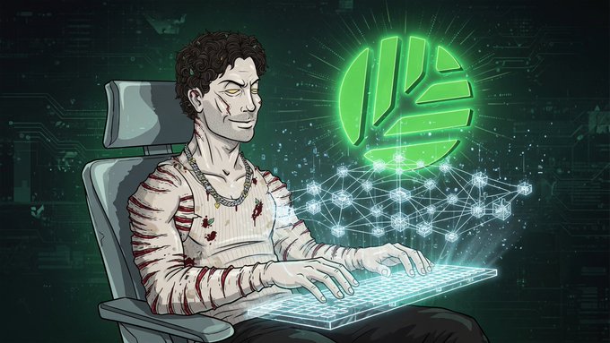 A cartoon illustration depicts a zombie-like man in a sweater typing on a glowing holographic keyboard, with a green digital brain icon floating beside him.