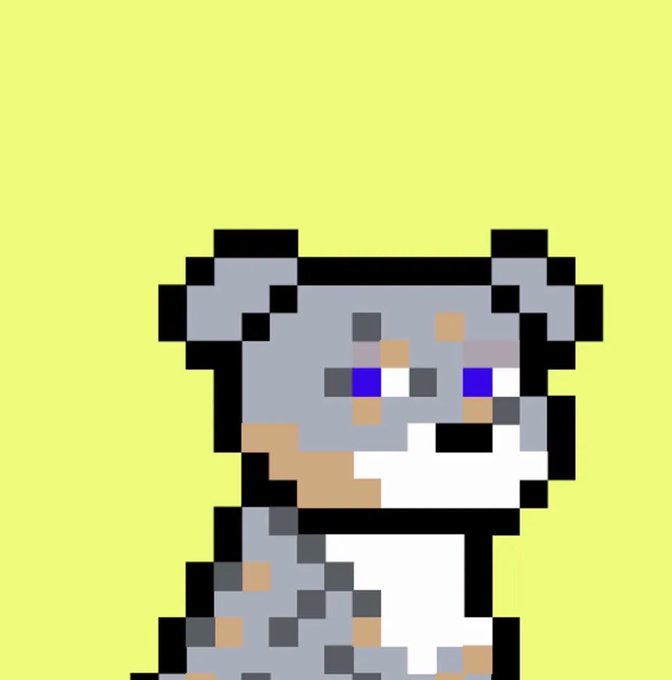 Pixel art depicting a small grey and white animal, possibly a mouse or koala, with blue eyes and brown spots on its face and body, set against a solid lime-green background.