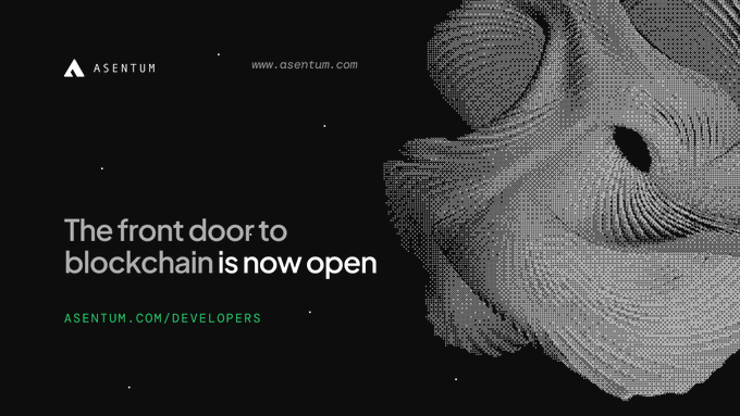 A promotional graphic for Asentum stating 'The front door to blockchain is now open' with the URL asentum.com/developers.