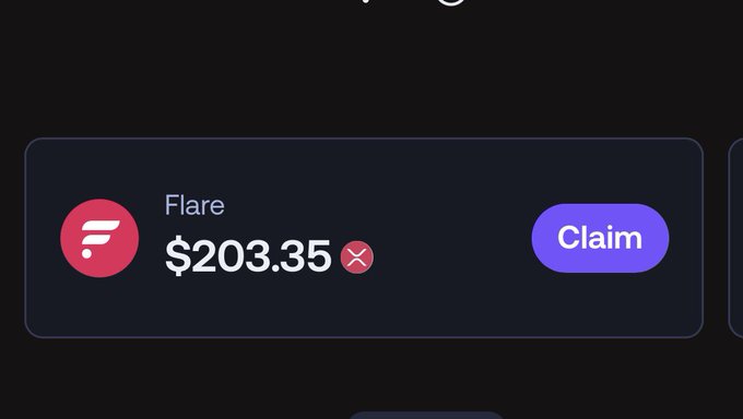 A dark-themed cryptocurrency interface showing a Flare token claim panel with a value of $203.35 marked with a red X and a "Claim" button.