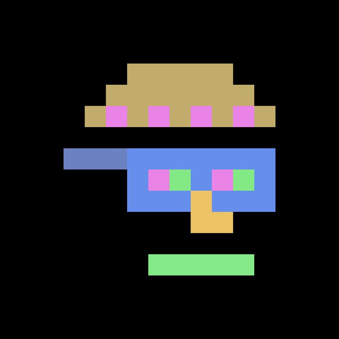 A pixel art depiction of a face wearing a tan straw hat and blue sunglasses against a black background.