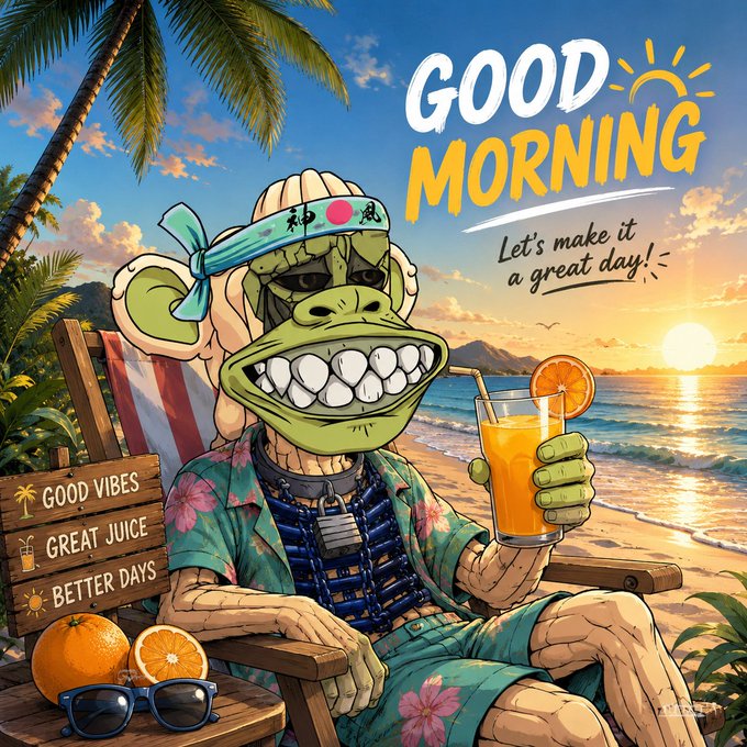 A colorful cartoon illustration features a reptilian character wearing a headband and Hawaiian shirt relaxing on a beach chair with a drink, with text reading 'GOOD MORNING' and 'Let's make it a great day!'