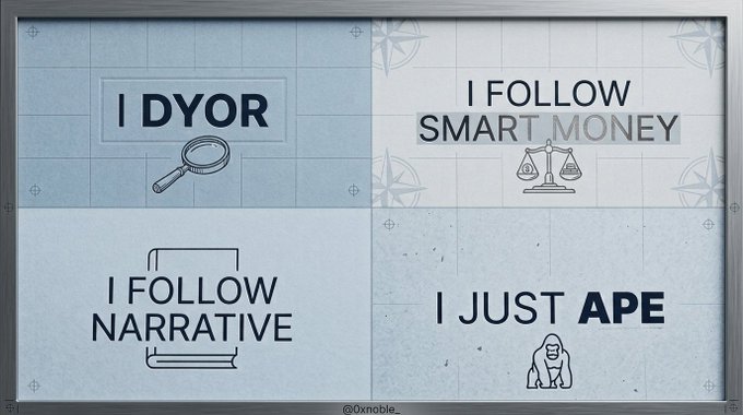 A four-panel meme illustrating trading strategies: 'I DYOR' with a magnifying glass, 'I FOLLOW SMART MONEY' with scales, 'I FOLLOW NARRATIVE' with books, and 'I JUST APE' with a gorilla, credited to @0xnobie.