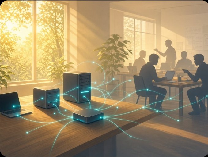 A digital illustration shows a sunlit, modern office space where silhouetted figures work at desks, while in the foreground, glowing cyan lines and nodes emanate from networked hardware like laptops and servers on a wooden table.