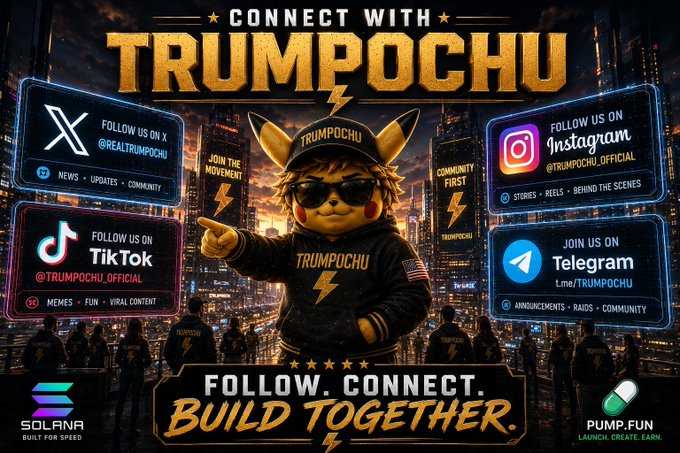 A promotional graphic for the $TRUMPOCHU crypto token features a Pikachu-style character wearing sunglasses, a "TRUMPOCHU" cap, and a lightning bolt shirt, surrounded by social media handles (@REALTRUMPOCHU on X, @TRUMPOCHU_OFFICIAL on Instagram and TikTok, and t.me/TRUMPOCHU on Telegram), with Solana and Pump.fun branding and the tagline "CONNECT WITH TRUMPOCHU – FOLLOW. CONNECT. BUILD TOGETHER." The image visually amplifies the post's hype about an energized, growing community rallying behind the meme coin on Solana.