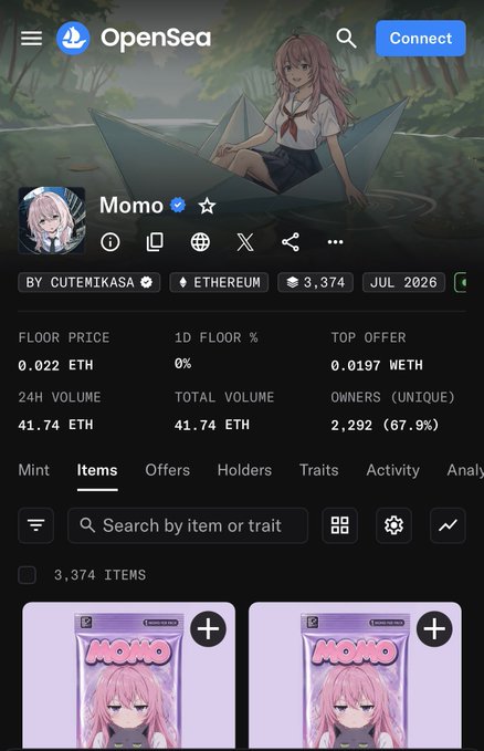 An OpenSea NFT collection page for 'Momo' by cutemikasa on the Ethereum blockchain, showing a floor price of 0.022 ETH, 3,374 items, and anime-style character art.