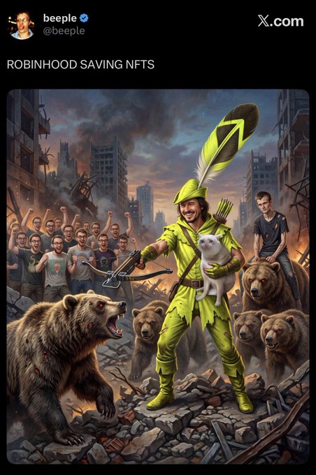 A tweet from Beeple (@beeple) titled 'ROBINHOOD SAVING NFTS' shows a Robin Hood figure holding a white dog and a green up-arrow feather, surrounded by attacking bears.