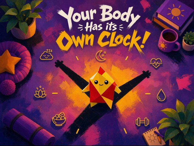 A vibrant digital illustration featuring a smiling origami character on a purple background, surrounded by icons of sleep, lotus, and water, with the text "Your Body Has its Own Clock!"