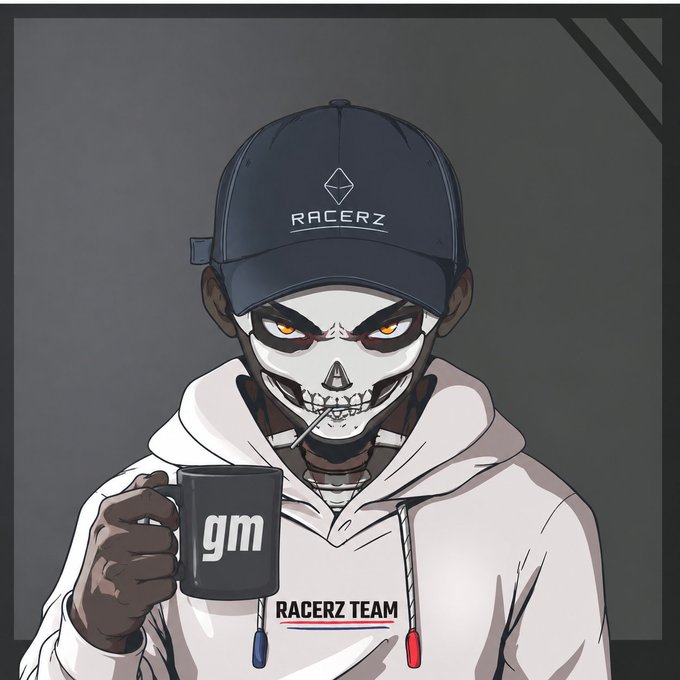 A stylized illustration of a character wearing a skull mask, a navy blue 'RACERZ' cap, and a white 'RACERZ TEAM' hoodie, holding a black 'gm' mug.