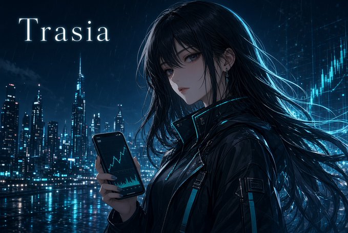 An anime-style illustration titled 'Trasia' depicting a dark-haired female character holding a smartphone showing a stock chart, set against a cyberpunk cityscape at night.