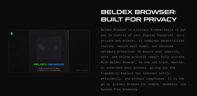 A promotional graphic for 'Beldex Browser: Built for Privacy,' featuring the browser's logo on the left and descriptive text explaining it's a privacy web browser with decentralized routing, secure exit nodes, and metadata protection.