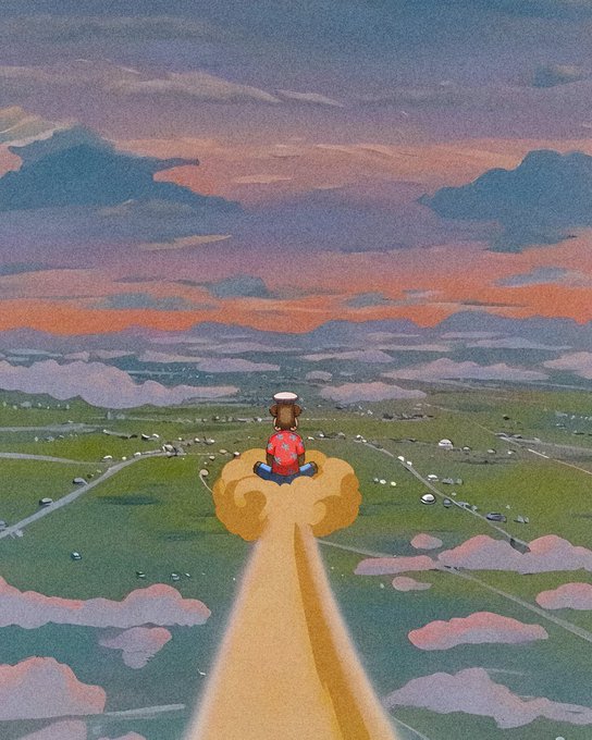 A small child wearing a sailor hat and red shirt rides a rocket-like vehicle high above the clouds at sunset, gazing out over a vast 10,000-foot view of patchwork fields and distant landscapes below. The illustration perfectly captures the awe-inspiring perspective of seeing the world from an extraordinary height, with sweeping clouds and warm golden light trailing behind the ascending figure.