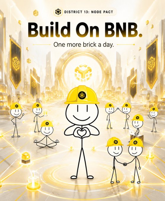 The image features a cartoon depiction of a man wearing a hard hat standing next to a group of people dressed similarly, all with hard hats. The scene takes place in front of a city skyline, which serves as the backdrop for this unique gathering. The text "BOB.OS // Phase 3.0 District 13: Node Pact One wallet is a dot. A community is a network. No buy calls. No fake promises. No empty noise. Just holders showing up like nodes, keeping the signal alive on BNB Chain." emphasizes the theme of the image and its connection to the post.