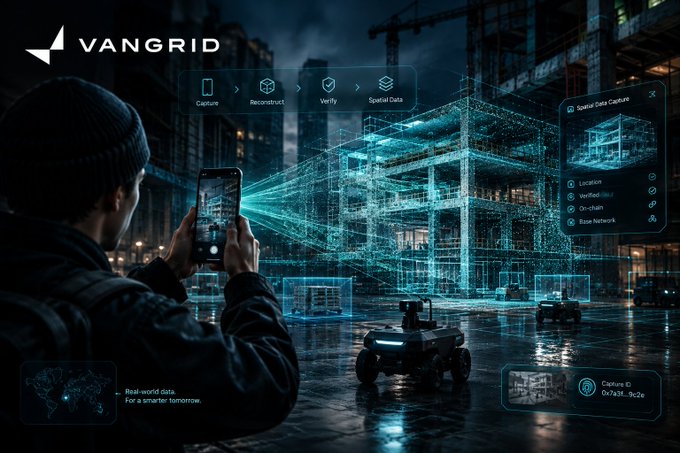A promotional graphic for 'VANGRID' showing a person using a phone to scan a 3D holographic building model, with features like 'Capture', 'Reconstruct', 'Verify', and 'Spatial Data' highlighted.
