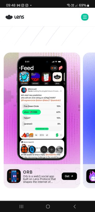 The image shows an iPhone screen displaying a social media app called " Orb" with a purple background, green text, and a white phone icon. The app has a rating of 4.5 stars and is designed for sharing content online. The post on Lens website suggests that the app is well-received by users who appreciate its features and user interface.