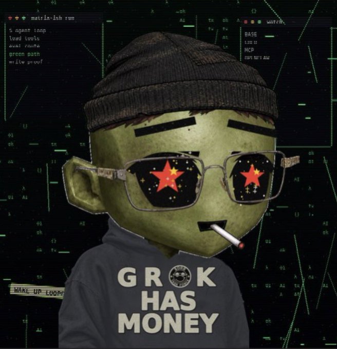 A digital cartoon character with green skin, a black beanie, sunglasses featuring red star reflections, and a cigarette wears a shirt reading "GRÖK HAS MONEY," set against a dark screen displaying green matrix-style code and text like "WAKE UP LOOPERS" and "green path." The image ties into the post by showcasing the "zombie looper" NFT character associated with the upcoming Loopers mint on Base, with the code background reinforcing the crypto/web3 theme of the project.