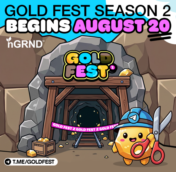 A promotional graphic for "Gold Fest Season 2" announces a launch on August 20th, featuring a cheerful gold coin mascot with scissors and a mining-themed scene with a mine entrance, gold bars, and a "Gold Fest 2" sign, directing viewers to join via t.me/goldfest.