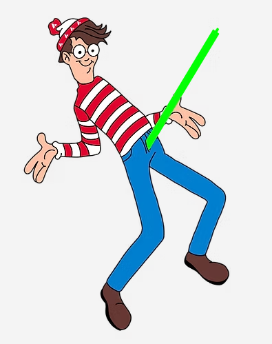 A cartoon character resembling Waldo from 'Where's Waldo' wears his signature red and white striped shirt and beanie while pierced by a large green lightsaber.