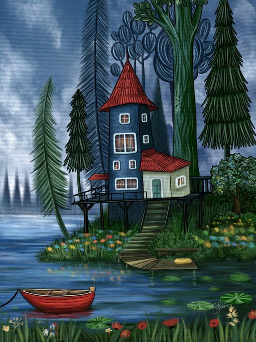 A whimsical painting depicts a blue, multi-story house with a red roof situated by a lake surrounded by tall pine trees, with a red rowboat floating on the water.