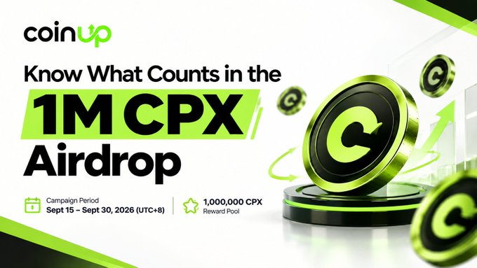 A CoinUp promotional banner for their "1M CPX Airdrop" campaign, running September 15–30, 2026 (UTC+8) with a 1,000,000 CPX reward pool, featuring green and black coin graphics. The image ties to the accompanying post by announcing the million-CPX airdrop and signup/earn opportunity, which the caption elaborates on by noting the need to understand CoinUp's valid trading volume requirements for futures participation.