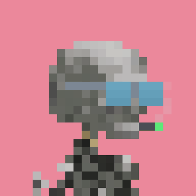 A pixel art character wearing a white helmet with a blue visor stands against a solid pink background.