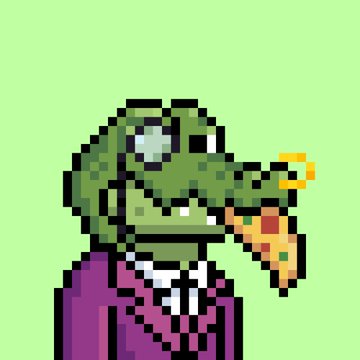A pixel-art illustration of an anthropomorphic alligator or crocodile dressed in a purple suit and tie, holding a slice of pizza.