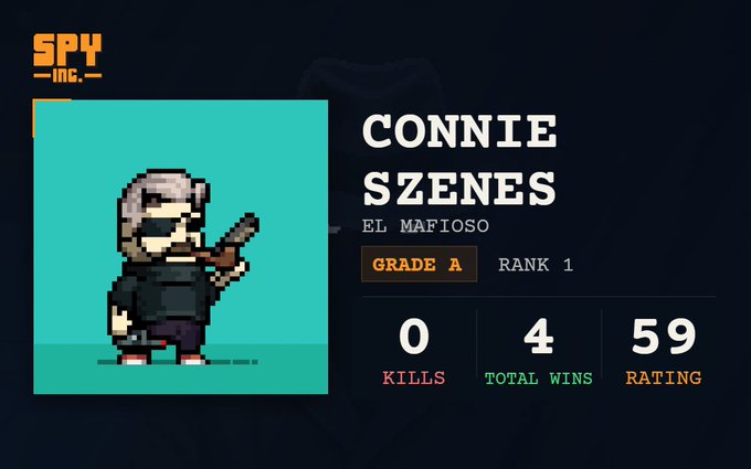 A pixel-art game stats screen for SPY INC. showing the character 'CONNIE SZENES - EL MAFIOSO' with Grade A, Rank 1, 0 kills, 4 total wins, and a 59 rating.