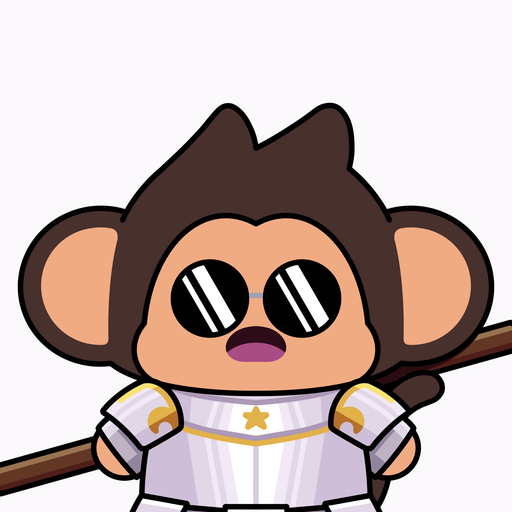 A cartoon monkey character with brown fur and large round sunglasses wears silver knight's armor with gold accents and a star emblem, holding a staff behind its back.