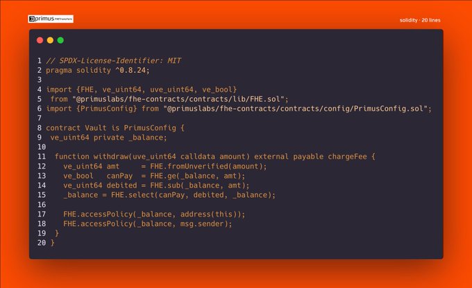 The image shows a computer screen displaying a code or programming language. The text on the screen appears to be in a foreign language, possibly indicating that the image was taken in another country where this specific language is spoken. The code seems to be related to cryptocurrency, as it contains terms such as "balance", "conditionals" and "encryption". The image also includes a link to a website called "Primus FHETransform.primuslabs.xyz", which could be an online resource or platform for learning about the programming language used in the code displayed on the screen.