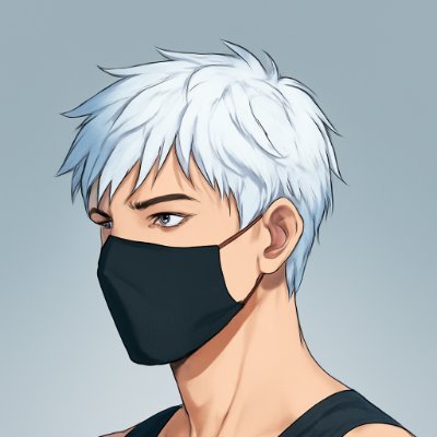 An anime-style illustration of a young man with white hair, blue eyes, and a black face mask, shown in profile view.