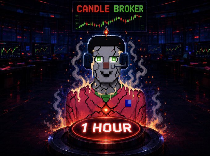The image showcases a pixel-art robot trader labeled "CANDLE BROKER" with glowing green eyes and a headset, standing in a high-tech trading room filled with monitors displaying bullish candlestick charts. A countdown platform reading "1 HOUR" blazes with flames at the character's feet, visually reinforcing the post's hype of going live in one hour to "light the candles" and referencing the $candle ticker.