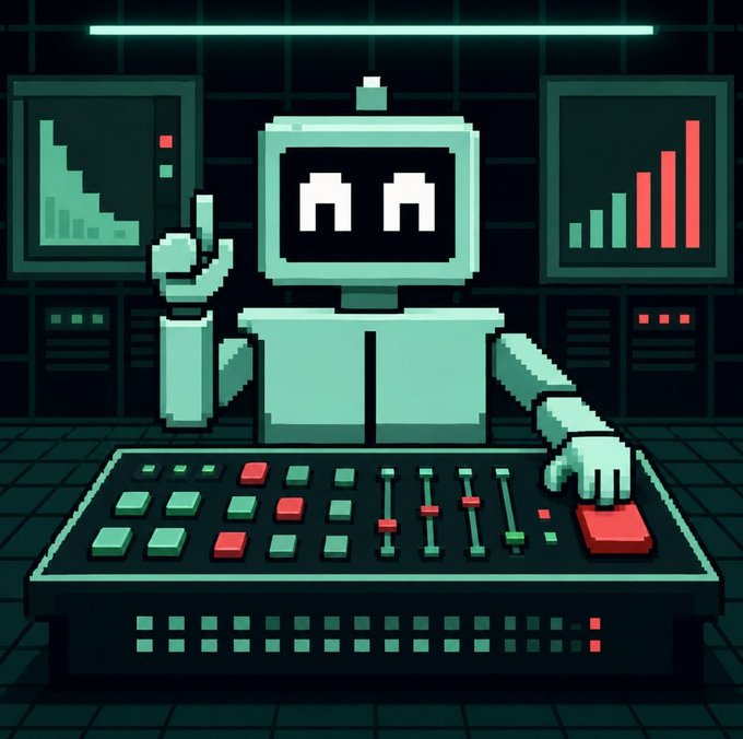 Pixel art illustration of a teal robot with a screen face giving a thumbs-up while operating a control panel with buttons and sliders, set against a background of monitor displays showing charts.