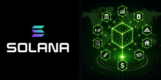 The image displays the Solana logo and name alongside a glowing green network graphic featuring a central cube connected to icons representing various tokenized assets (bank, gold, stocks, house, dollar, etc.) over a world map backdrop.

The visual reinforces the post's message by symbolizing Solana's expanding ecosystem of tokenized real-world assets, with the interconnected icons around the central Solana cube representing the diverse financial instruments—stocks, commodities, real estate, and currency—that have driven the network's $4+ billion tokenization milestone.