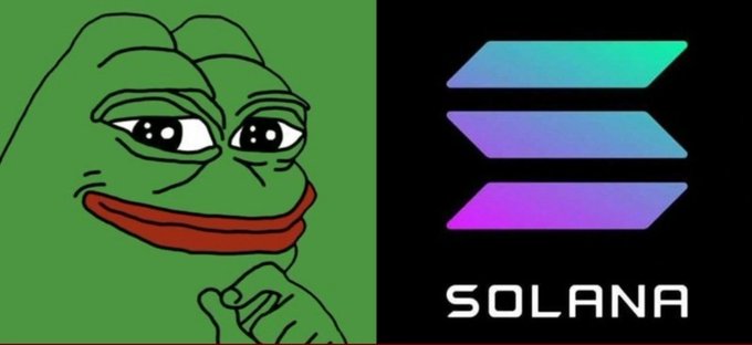 The image shows Pepe the Frog meme on the left side alongside the Solana logo and "SOLANA" text on the right, visually representing the cryptocurrencies $PEPE and $SOL mentioned in the post about altcoins rallying alongside Bitcoin's surge past $69K.