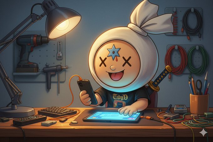 The image features a cartoon character sitting at a desk with a tablet computer, holding a cell phone. The scene takes place in an office setting where various tools are scattered around, including a drill and other equipment. The main focus of the image is on the cartoon character's interaction with their electronic devices, which could be related to smart contract deposits or payments for services rendered using quantum computers.