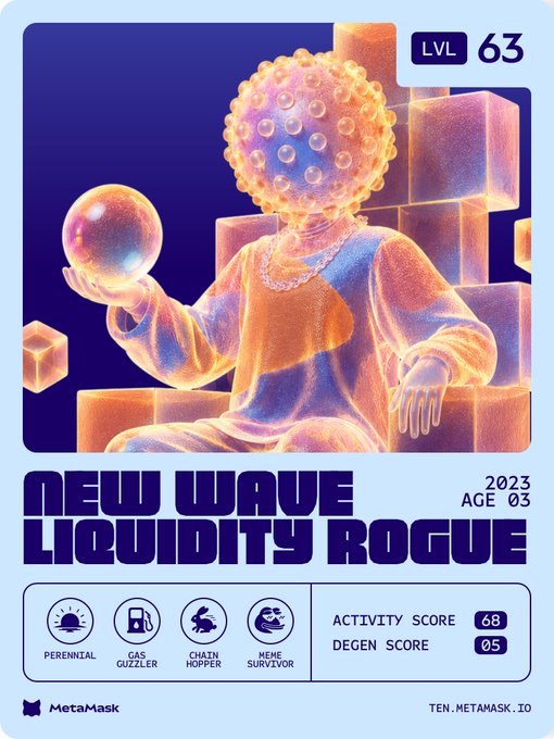 A retro 3D-style character card titled "NEW WAVE LIQUIDITY ROGUE" at LVL 63, featuring a bubble-headed figure holding a sphere amid glowing orange cubes, with on-chain persona stats (Activity Score 68, Degen Score 05) and traits like "Perennial" and "Chain Hopper" — promoting MetaMask's on-chain identity tool at ten.metamask.io alongside a flagged "old hacked wallet" address 0x22cf7cb48c74b07e1c0dcab5c047c5ed73292805.