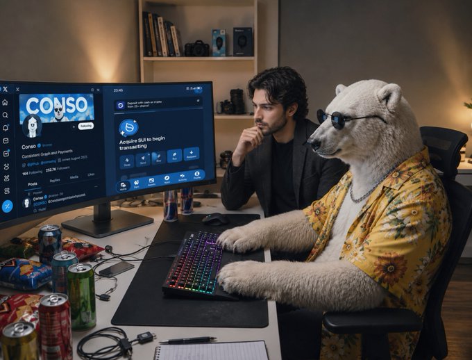 A humorous AI-generated image shows a polar bear wearing sunglasses and a sunflower shirt using a gaming keyboard alongside a man at a computer displaying the Cons.io platform, with energy drinks scattered on the desk.