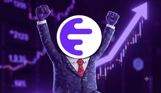 A figure in a blue patterned suit and red tie raises their arms in celebration with their face obscured by the purple and white Enjin (ENJ) logo, set against a backdrop of a rising stock market chart.