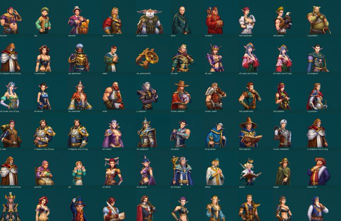 A comprehensive character sprite sheet displays numerous detailed 2D fantasy RPG characters in various costumes and classes, arranged in rows on a dark teal background.
