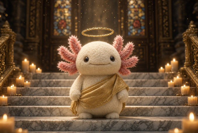 A cute plush axolotl wearing a gold sash and a halo stands on stone steps surrounded by lit candles in a church-like setting.