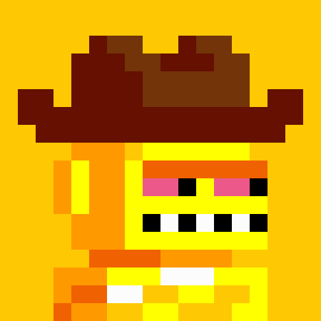 A pixel art character with a yellow complexion wears a dark brown hat and displays a wide, toothy grin against an orange background.