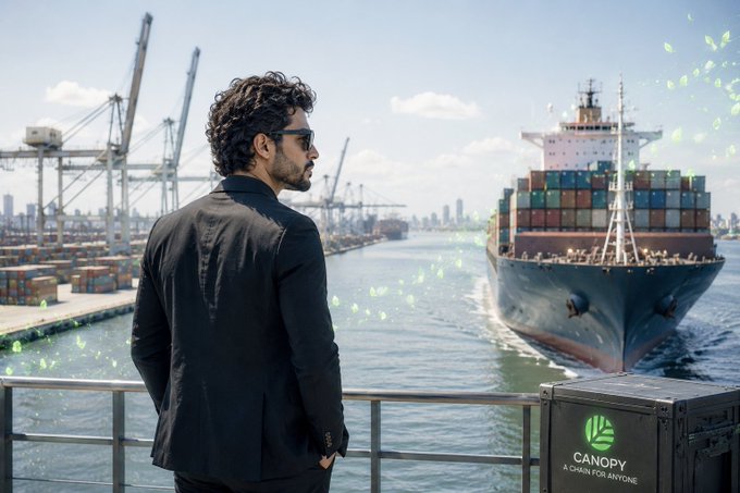 A man in a black suit and sunglasses gazes out at a massive container ship docked at a busy port, with a black crate beside him labeled "CANOPY - A CHAIN FOR ANYONE." The scene visually mirrors the post's theme of continuous, distributed networks—evoking how global supply chains like Ethra Ship's never stop moving, just as Canopy's blockchain infrastructure runs across millions of nodes rather than a single server.